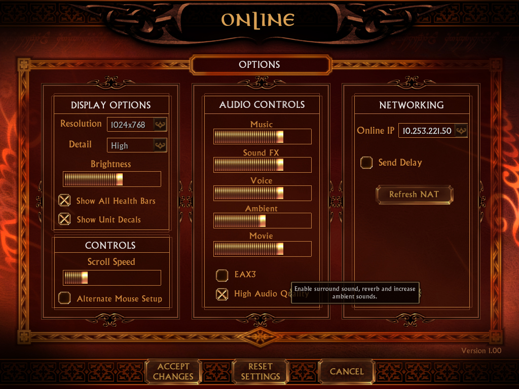 Options screen