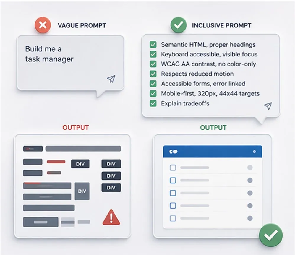 A vague prompt produces inaccessible output. An inclusive prompt produces accessible output by construction.
